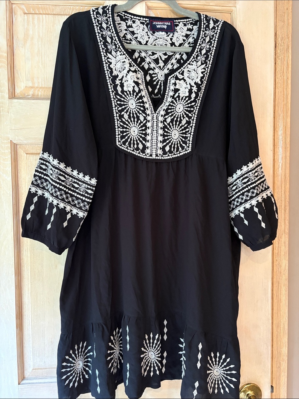 Johnny Was Black Dress with White Floral Embroidery Size M